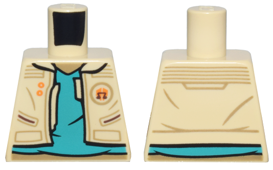 Lego Torso Jacket Open, Pockets, Orange Buttons and Badge over Dark Turquoise Shirt, Medium Nougat Neck Pattern / Tan