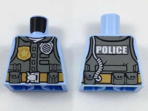 Lego Torso Dark Bluish Gray Body Armor Vest with Strap over White Shirt, Medium Nougat Belt with Pouches and Silver Buckle, Gold Star Badge, Radio with Cord, Wide Font 'POLICE' on Back Pattern / Bright Light Blue