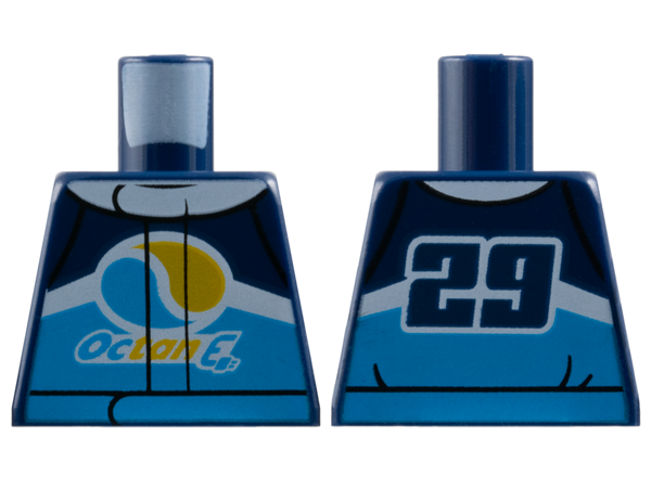 Lego Torso Jacket with Dark Azure Belt, White Collar and Stripe, 'Octan E' Logo on Front, '29' on Back Pattern / Dark Blue