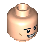 Lego Minifig Head Superman / Hyperion, Cheek Lines, Chin Dimple, Open Mouth Smirk / Bared Teeth with Red Eyes Print / Light Nougat