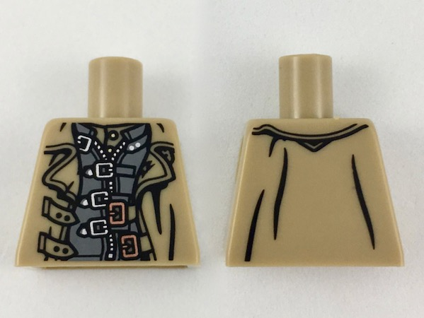 Lego Torso Trench Coat Open over Dark Bluish Gray Jacket with Straps and Zipper, Silver and Copper Buckles Pattern / Dark Tan