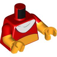 Lego Torso, Short Shirt, Bright Orange Belly, White Bib print, Dual Molded Arms with Red Sleeves Pattern, Bright Orange Arms, Hands / Red