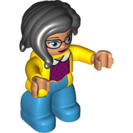 Lego Duplo Figure with Long Hair Section in Front, with Blue Eyes with Glasses, Dark Azure Legs, Magenta Sweater with White Collar Print / Yellow