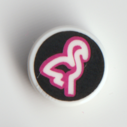 Lego Tile Round 1 x 1 with Magenta/White Flamingo on Black Background Print / White