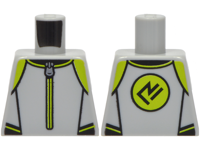 Lego Torso Wetsuit with Lime and Black Panels and Trim, Dark Silver Zipper, Symbol in Circle on Back Pattern / Light Bluish Gray