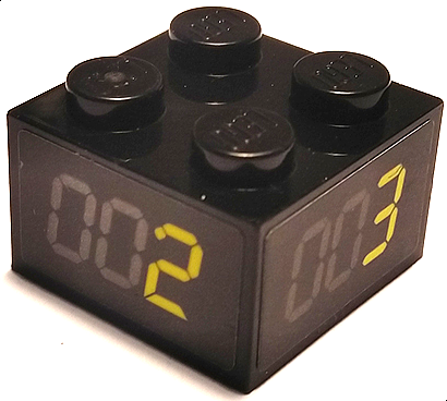 Lego Brick 2 x 2 with Lap Counter with Yellow Numbers 1, 2, 3, and 4 Pattern on All Sides (Stickers) - Set 75888 / Black