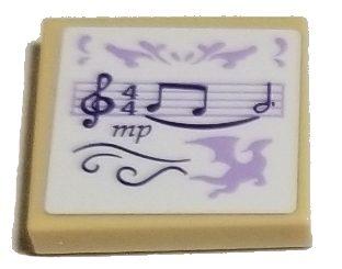 Lego Tile 2 x 2 with Dark Purple Treble Clef, Notes, and 'mp', Lavender Scale and Dragon Silhouette on White Background Pattern (Sticker) - Set 41193