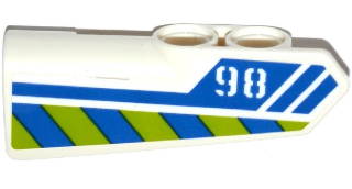 Lego Technic, Panel Fairing #21 Very Small Smooth, Side B with '98', Blue Line and Blue and Lime Danger Stripes Pattern (Sticker) - Set 42047 / White