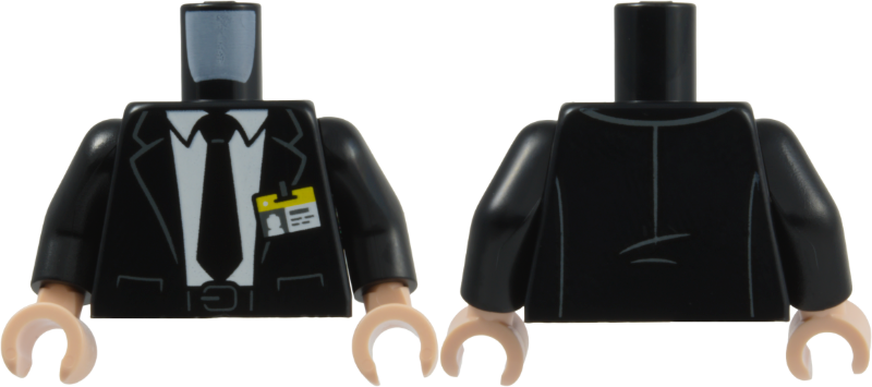 Lego Torso Suit Jacket Open over White Shirt with Tie, Belt with Buckle, ID Badge with Yellow Top and Dark Bluish Gray Clip and Creases Pattern / Black Arms / Light Nougat Hands