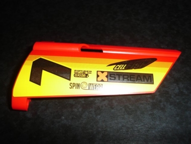 Lego Technic, Panel Fairing #20 Large Long, Small Hole, Side A with Chrome '7' and Racing Logos on Orange and Yellow Pattern (Sticker) - Set 8146 / Red
