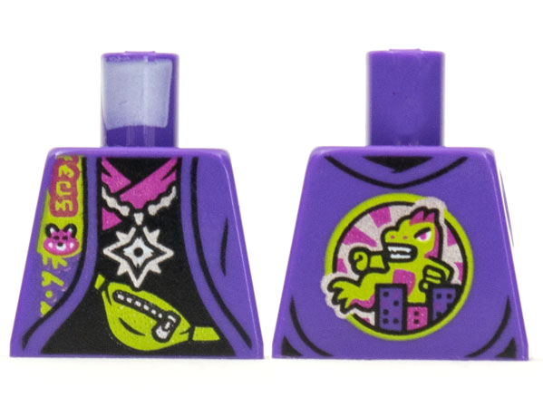 Lego Torso Jacket Black Shirt with Magenta Hem, Silver Star Pendant, Lime Pouch with Zipper, Monster on Back Pattern / Dark Purple