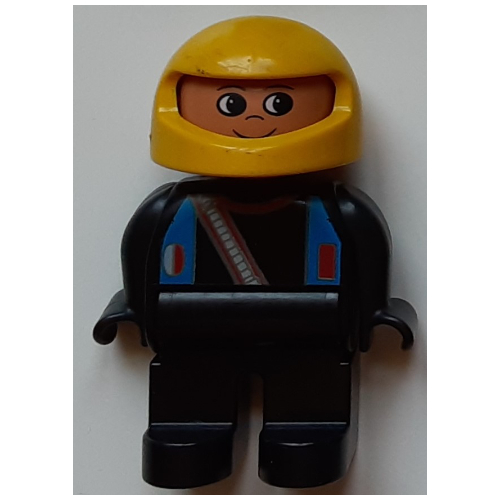 Lego Duplo Figure, Early, Helmet Yellow, Light Gray Legs, Blue Straps and Racer Diagonal Zipper Print / Black