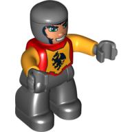 Lego Duplo Figure with Rounded Head with Black Legs, Red Chest, Bright Light Orange Arms, Dark Bluish Gray Hands