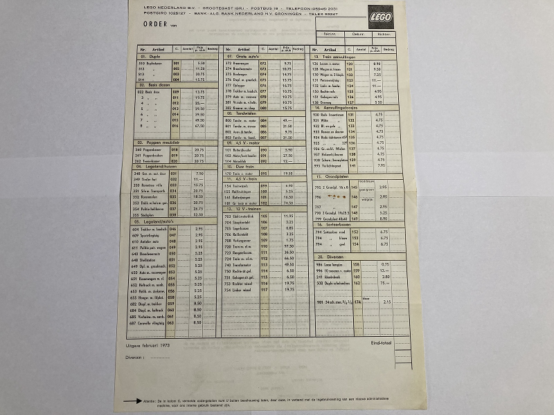 Lego 1973 Dutch Price List & Order Form