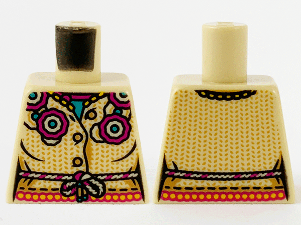 Lego Torso Female, Magenta and Dark Turquoise Flowers, Medium Nougat Dots, Magenta and Tan Rope Belt Pattern / Tan