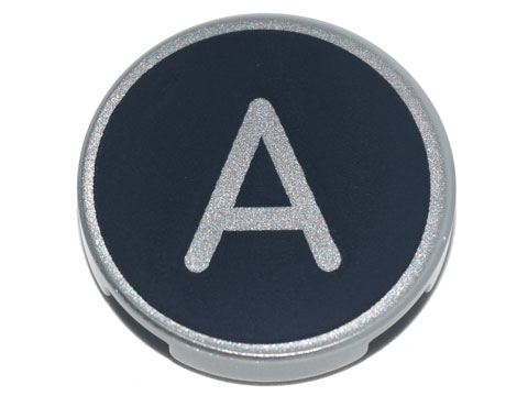 Lego Tile, Round 2 x 2 with Bottom Stud Holder with Silver Capital Letter A on Black Background Pattern / Light Bluish Gray
