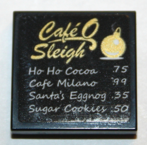 Lego Tile 2 x 2 with 'CafÃ© O Sleigh' (Cafe) and Menu Pattern (Sticker) - Set 10259 / Black