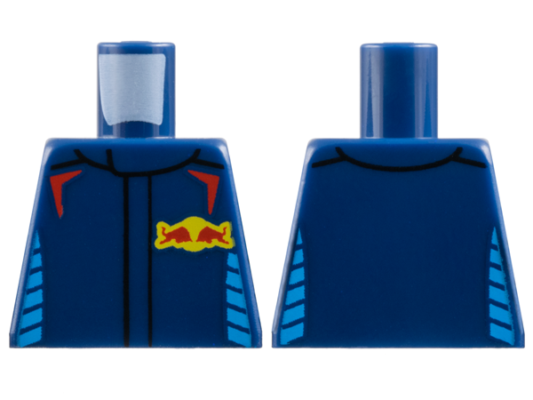 Lego Torso Racing Suit with Chevrons on Shoulders, Dark Azure Broken Stripes on Sides, Red and Yellow Red Bull Logo Pattern / Dark Blue