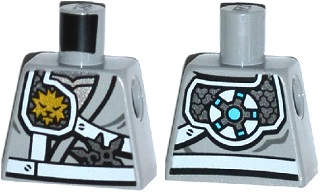 Lego Torso Ninjago Shoulder Protection with White Straps and Gold Lion Emblem over Robes, Shurikens in Belt Pattern / Light Bluish Gray