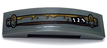 Lego Slope, Curved 4 x 1 x 2/3 Double with Car Bumper with Dark Tan and Dark Brown Rust, Black and White Number 1, 2 and 3 Pattern (Sticker) - Set 70422 / Dark Bluish Gray