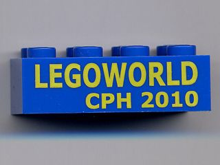 Lego Brick 2 x 4 with Yellow 'LEGOWORLD CPH 2010' Pattern / Blue