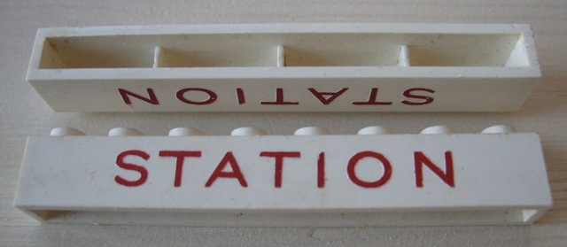 Lego Brick 1 x 8 without Bottom Tubes with Cross Side Supports with Red 'STATION' Sans-Serif Thin (Letters Wide) Pattern