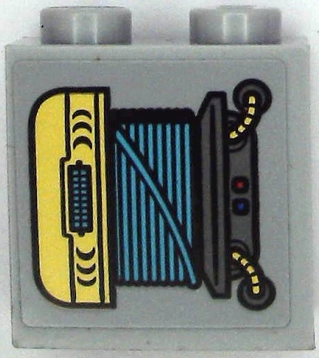Lego Brick, Modified 1 x 2 x 1 2/3 with Studs on Side with Dark Bluish Gray and Gold Engine and Hoses, Medium Azure Wires, Red and Blue Lights Pattern Model Left Side (Sticker) - Set 71699 / Light Bluish Gray