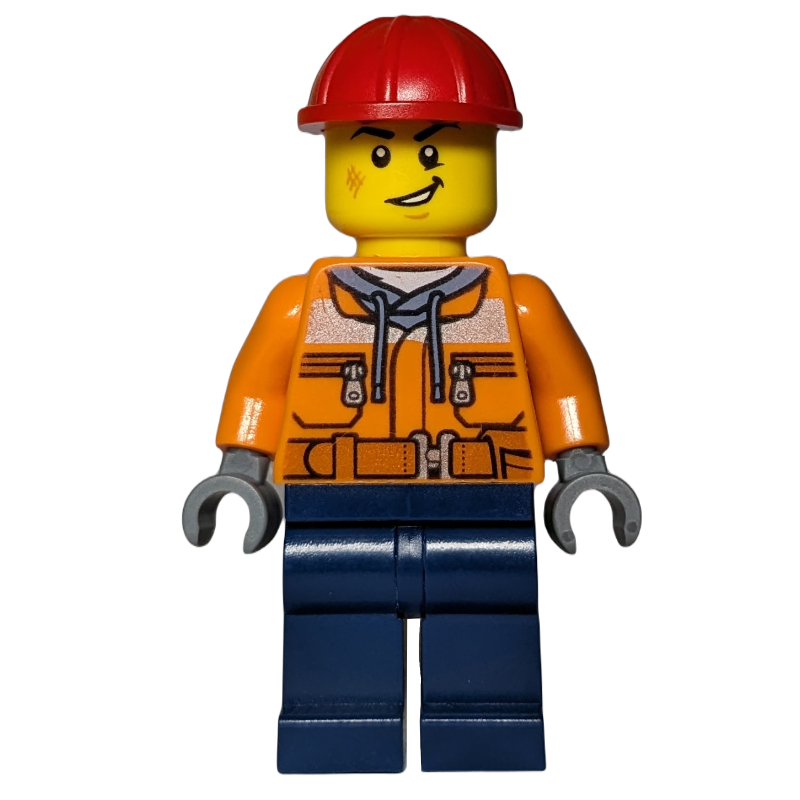 Lego Construction Worker, Orange Safety Jacket, Dark Blue Legs, Red Hard Hat