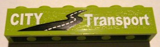 Lego Brick 1 x 6 with White 'CITY Transport' and Black Road Pattern (Sticker) - Set 8404 / Lime