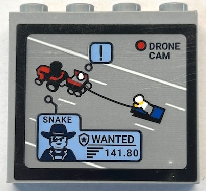 Lego Brick 1 x 4 x 3 with Monitor Screen with 'DRONE CAM', 'SNAKE', 'WANTED', '141.80' and Red Tractor Pulling Minifigure Pattern (Sticker) - Set 60315 / Light Bluish Gray