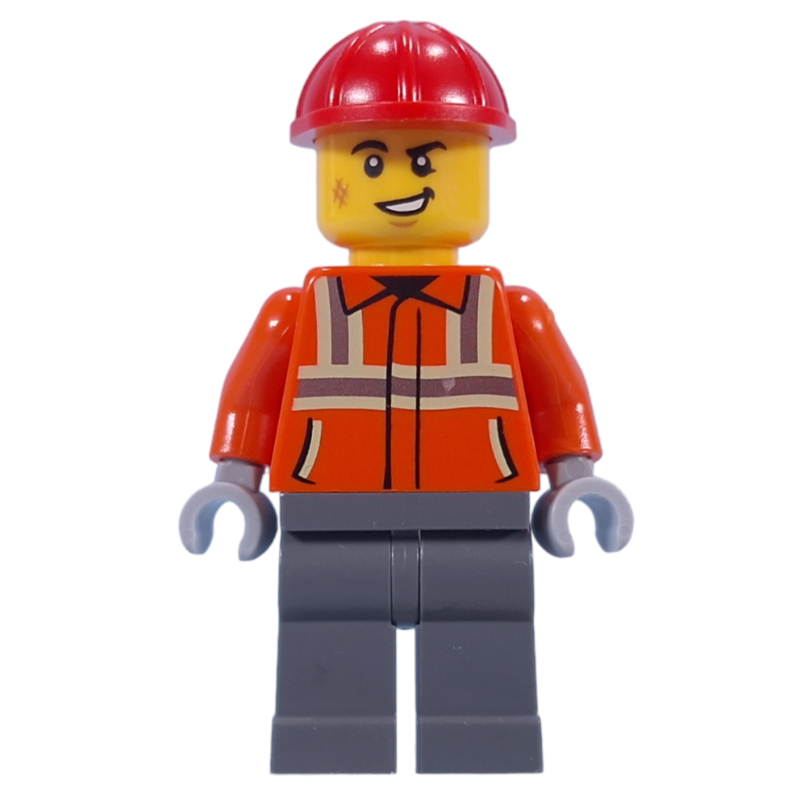 Lego Construction Worker, Reddish Orange Jacket, Red Hard Hat