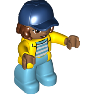Lego Duplo Figure with Cap Dark Blue, Medium Azure Legs, Yellow Jacket, White and Medium Azure Striped Undershirt, Curly Reddish Brown Hair / Yellow