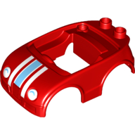 Lego Duplo Car Body with 2 Studs on Back and White Headlights with Shadow and Racing Stripes Print / Red