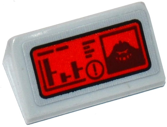 Lego Slope 30 1 x 2 x 2/3 with Graphs, Exclamation Mark and Killer Croc Head on Red Screen Pattern (Sticker) - Set 76055 / Light Bluish Gray
