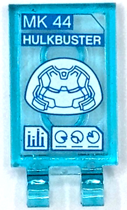 Lego Tile, Modified 2 x 3 with 2 Open O Clips with Dark Azure and White 'MK 44 HULKBUSTER', Helmet and Graphs Pattern (Sticker) - Set 76105 / Trans-Light Blue