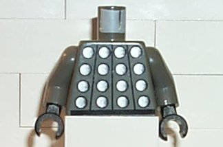 Lego Torso Studded Armor with Silver Circles, Black Belt, White Number 1 on Back Pattern / Dark Gray Arms / Black Hands