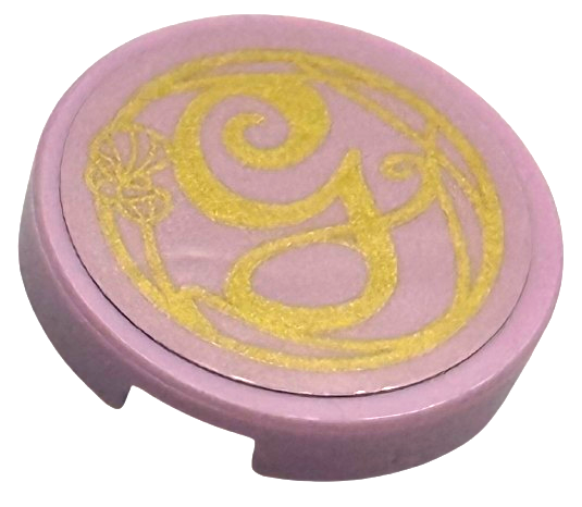 Lego Tile, Round 2 x 2 with Bottom Stud Holder with Gold Script Capital Letter G (Glinda) and Flower on Bright Pink Background Pattern (Sticker) - Set 75683