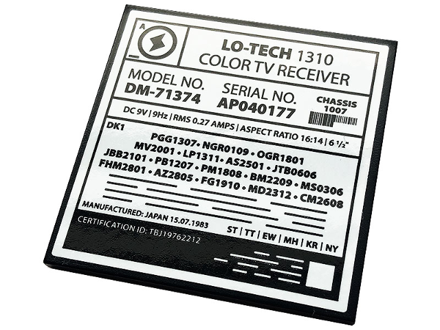 Lego Tile 6 x 6 with Bottom Tubes, Textured Surface with TV Serial Model Number Panel 'LO-TECH 1310 COLOR TV RECEIVER' Pattern (Sticker) - Set 71374 / Black