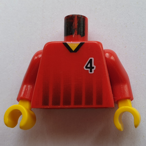 Lego Torso Soccer Shirt, Black Fading Stripes and '4' Front and Back Print, Red Arms, Yellow Hands / Red
