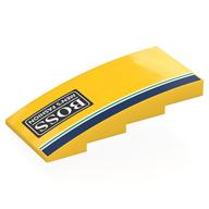 Lego Brick Curved 4 x 8 x 1 2/3 No Studs with Dark Blue/White/Green Stripes, White BOSS MAN'S FASHION' on Black Background Print / Yellow