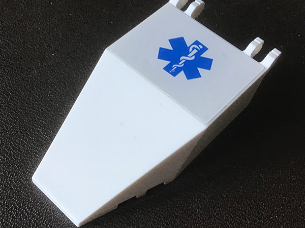 Lego Windscreen 7 x 4 x 1 2/3 with Locking Dual 2 Fingers with Blue EMT Star of Life Pattern (Sticker) - Set 2064 / White