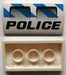 Lego Slope, Curved 2 x 4 x 2/3 with Bottom Tubes with Black 'POLICE', Air Intakes on Blue Danger Stripes Pattern (Sticker) - Set 7970 / White