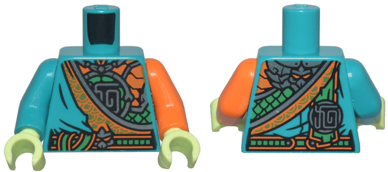 Lego Torso Robe Over Bright Green and Silver Scale Armor and Emblem, Orange Trim and Belt Pattern / Orange Arm Left / Dark Turquoise Arm Right / Yellowish Green Hands