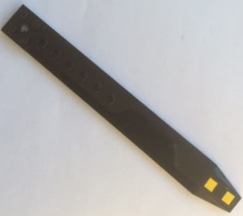 Lego Plate, Modified 2 x 16 with Angled Side Extensions and Axle Hole (Rotor Blade) with 2 Yellow Stripes Black Outlined Pattern (Sticker) - Set 60138