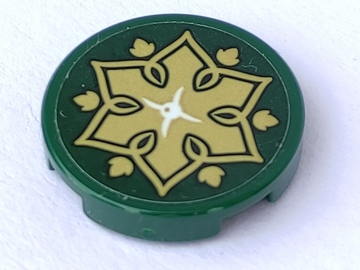 Lego Tile, Round 2 x 2 with Bottom Stud Holder with Cushion with White Button, Gold Flower and Leaves on Dark Green Background Pattern (Sticker) - Set 41075