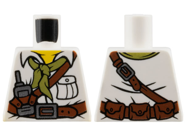 Lego Torso Safari Shirt with Pocket, Reddish Brown Belt and Crossbelt with Pouches and Buckles, Silver Radio, Olive Green Neckerchief Scarf, Yellow Neck Pattern / White