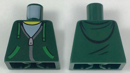 Lego Torso Hoodie with Green Ties and Pockets, Silver Zipper over White Shirt and Hood on Back Pattern / Dark Green