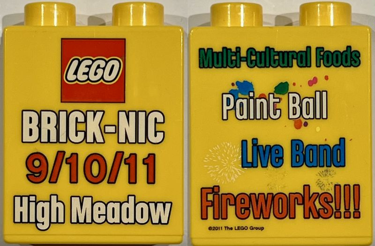 Lego Duplo, Brick 1 x 2 x 2 with Brick-Nic 9/10/11 High Meadow Pattern / Yellow