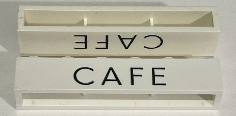 Lego Brick 1 x 6 without Bottom Tubes with Cross Side Supports with Black 'CAFE' Sans-Serif Thin (Letters Close) Pattern / White