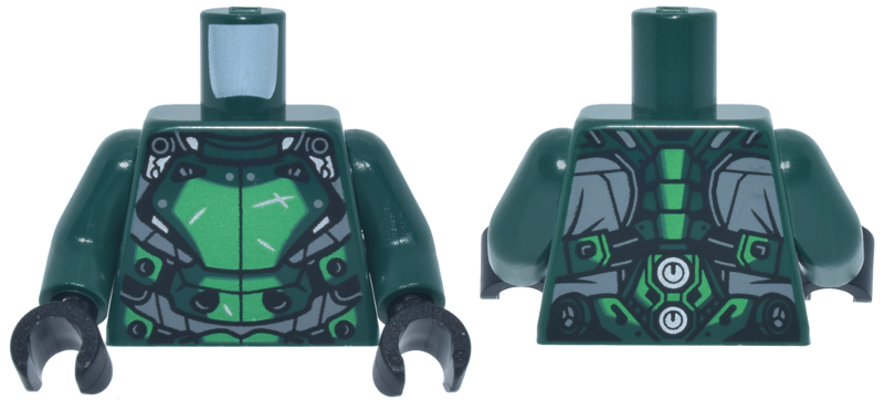 Lego Torso Armor with Bright Green Plates, Dark Bluish Gray Trim and Silver Clasps and Scratches Pattern / Dark Green Arms / Black Hands